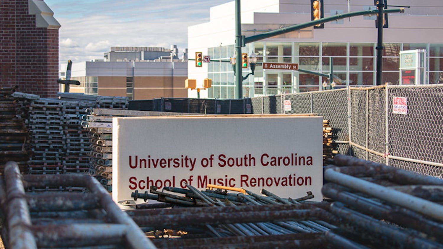 The Greene Street United Methodist Church, now hidden behind metal pipes and pallets, will be the new location of the USC School of Music's jazz program. The first phase of renovation is set to be finished by fall 2023.