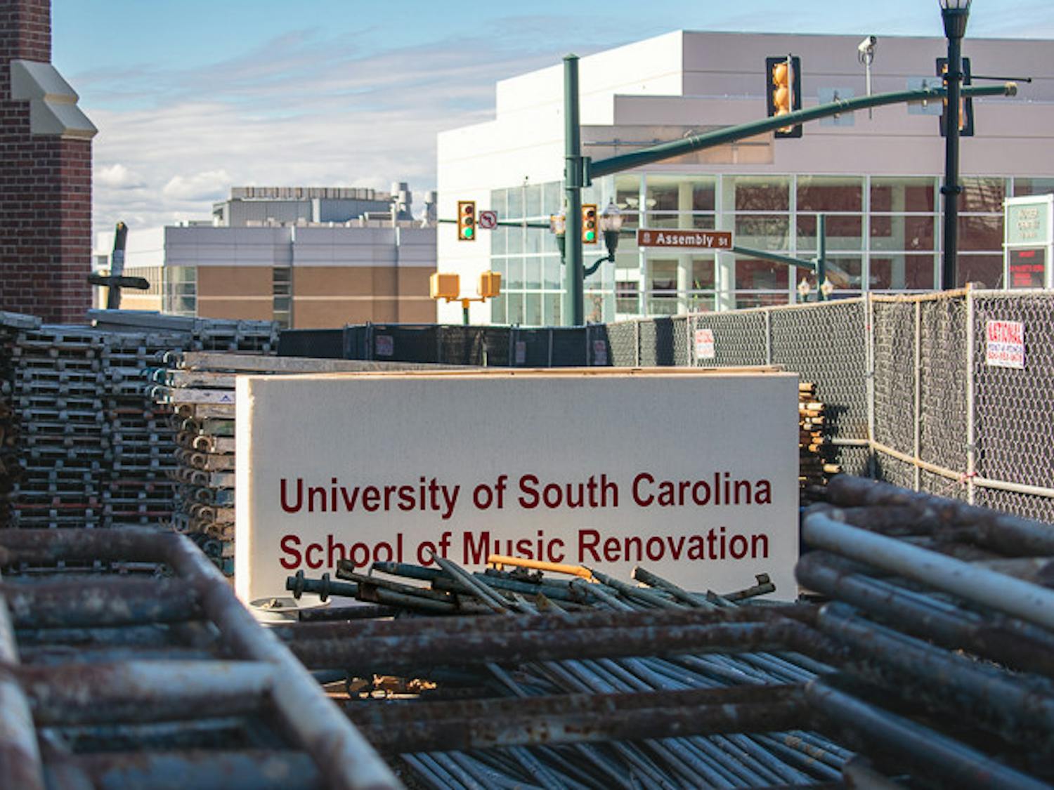 The Greene Street United Methodist Church, now hidden behind metal pipes and pallets, will be the new location of the USC School of Music's jazz program. The first phase of renovation is set to be finished by fall 2023.