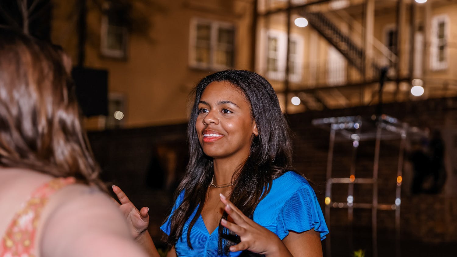 Second-year finance and marketing student Abrianna Reaves speaks to the media on Greene Street after winning the election for student body vice president on Feb. 22, 2023. Reaves ran alongside student body president-elect Emmie Thompson.