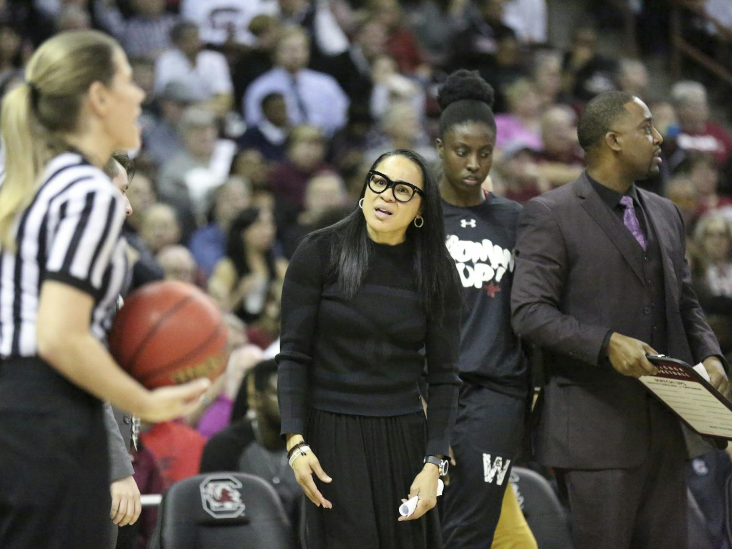 Gamecock head coach Dawn Staley looks at the referee after a call that was just made. Staley has been the Gamecocks’ head coach for 11 seasons.