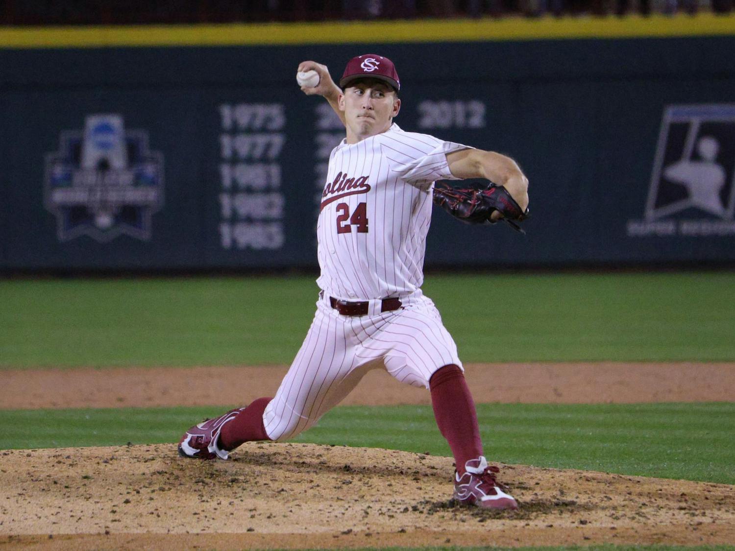 FILE — Junior right-handed pitcher Josh Gunther delivers a pitch during the game against Clemson on Feb. 27, 2026, at Founders Park in Columbia, South Carolina. The Gamecocks are set to start their Southeastern Conference matches on March 13 against the Florida Gators.