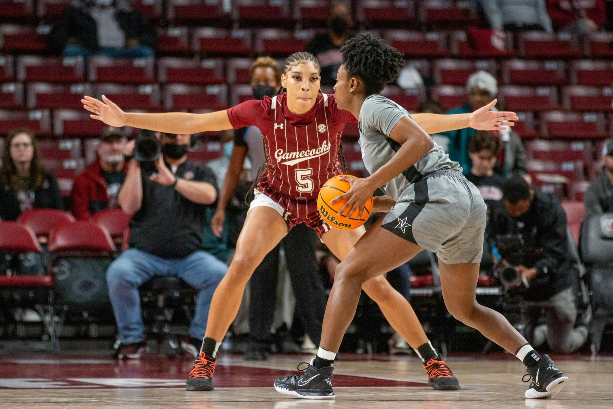Senior forward Victaria Saxton matches up against a Vanderbilt opponent in a game at Colonial Life Arena on January 24, 2022. The Gamecock’s defense was vital to beating Vanderbilt 85-30. 