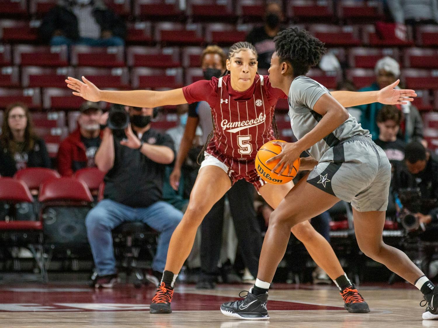 Senior forward Victaria Saxton matches up against a Vanderbilt opponent in a game at Colonial Life Arena on January 24, 2022. The Gamecock’s defense was vital to beating Vanderbilt 85-30. 