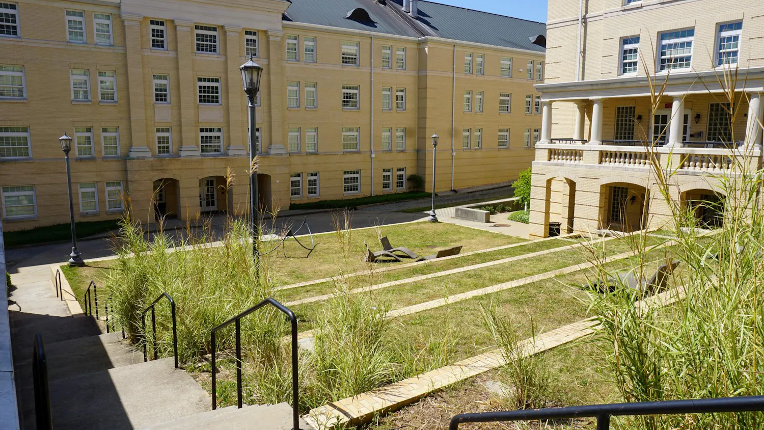 The terrace of Green Quad dormitory shown on April 20, 2026. Student Government seeks to increase green spaces and sustainability around campus.