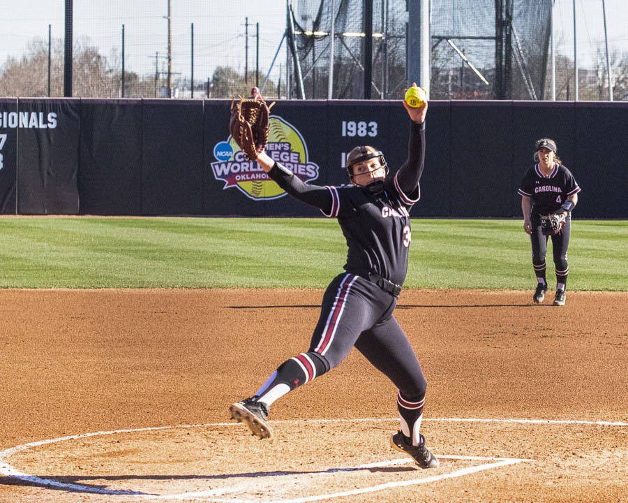 Fifth-year pitcher Rachel Vaughan winds up for the pitch during the game against George Washington University at Beckham Field on Feb. 18, 2023. The Gamecocks went on to beat the Colonials 7-1.&nbsp;