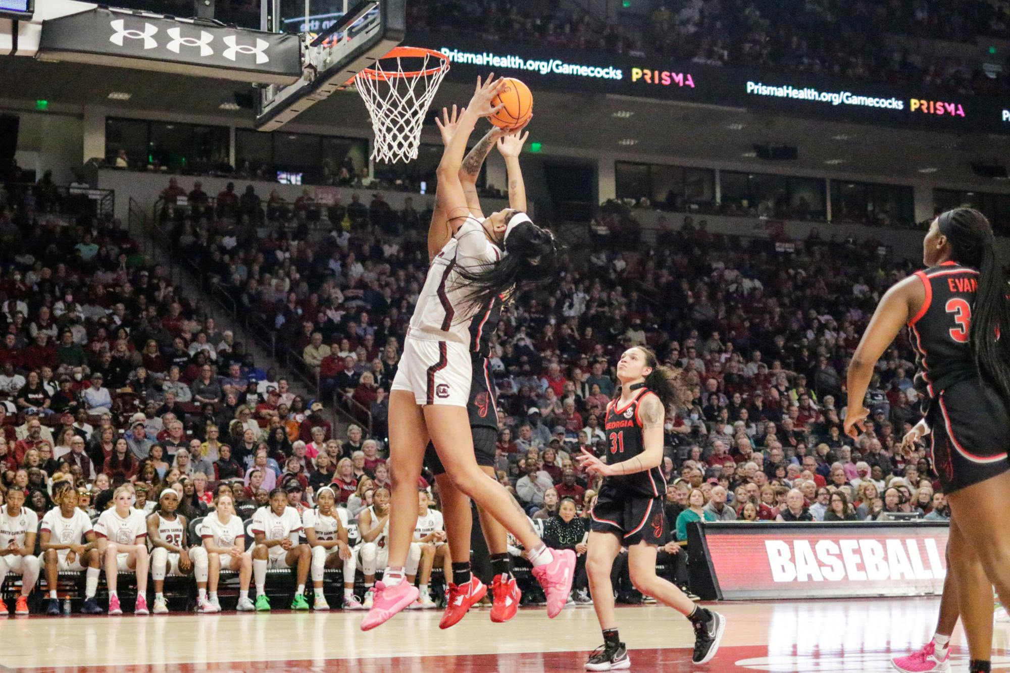 Junior center Kamilla Cardoso goes up for a shot during South Carolina’s game against Georgia at Colonial Life Arena on Feb. 26, 2023. The Gamecocks beat the Bulldogs 73-63.