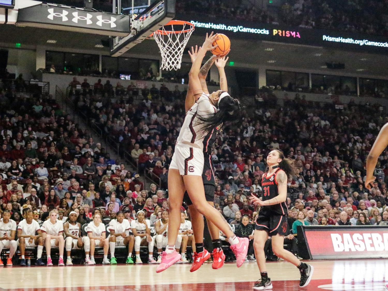 Junior center Kamilla Cardoso goes up for a shot during South Carolina’s game against Georgia at Colonial Life Arena on Feb. 26, 2023. The Gamecocks beat the Bulldogs 73-63.