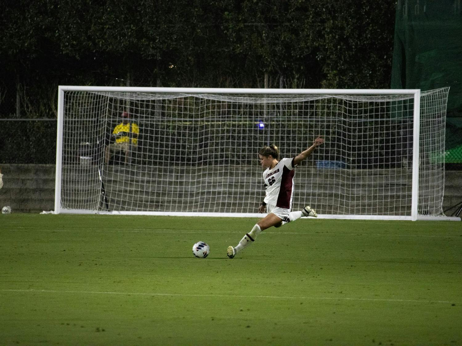 Sophomore defender Gracie Falla clears the ball during South Carolina’s match against Vanderbilt on Sept. 15, 2023. The Gamecocks defeated the Commodores 3-1.
