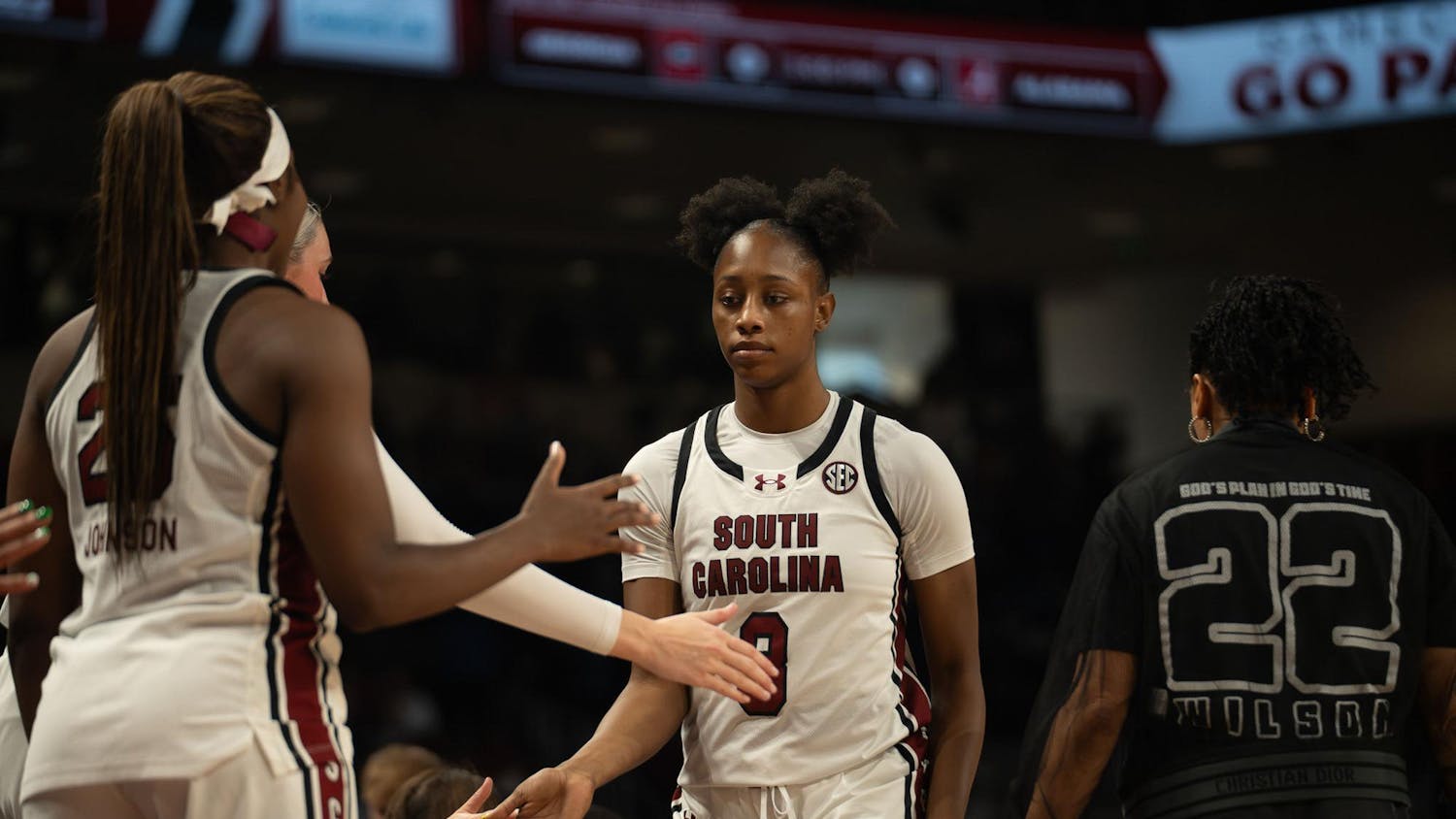 FILE — Freshman forward Joyce Edwards heads to the bench with the last minutes remaining during the Feb. 2, 2025, matchup against the Auburn Tigers. Joyce was the top scorer of the night leading the Gamecocks with 18 points.