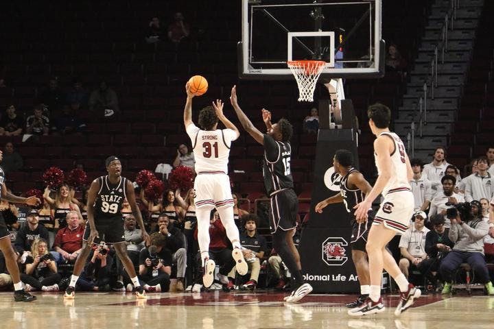 Junior forward Elijah Strong hits a left-handed hook shot against Mississippi State on Feb. 21, 2026, at Colonial Life Arena. Strong finished with 16 points to help the Gamecocks with the win.