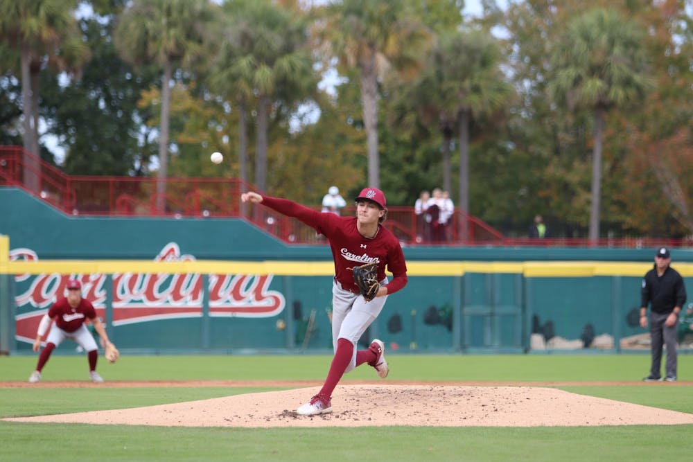<p>Junior pitcher Alex Philpott pitches the ball during the scrimmage against Charlotte on Nov. 2, 2025. Philpott is a transfer from the University of Florida, where he played for two seasons.</p>