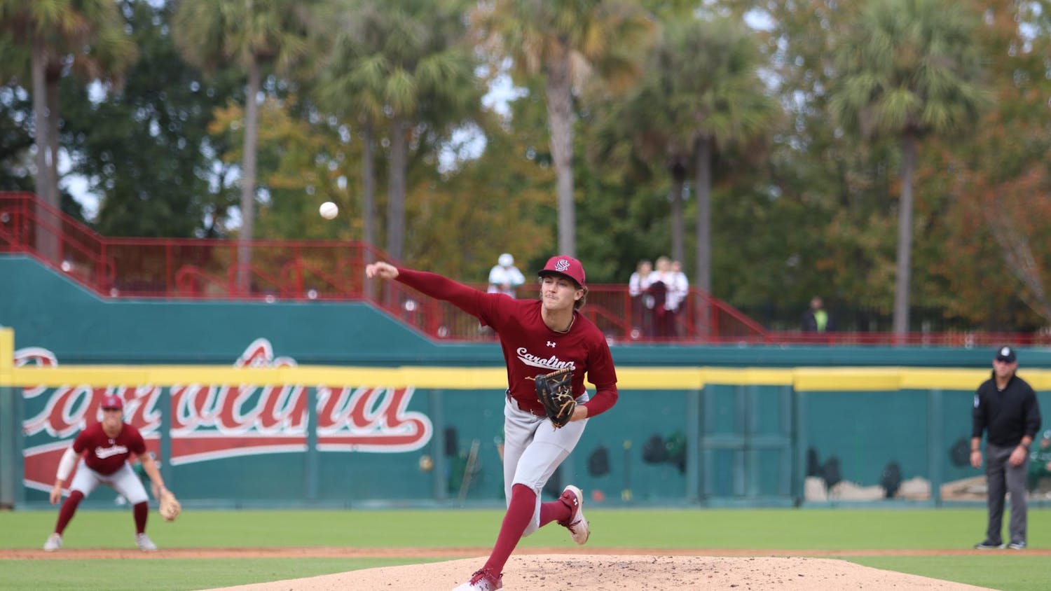 Junior pitcher Alex Philpott pitches the ball during the scrimmage against Charlotte on Nov. 2, 2025. Philpott is a transfer from the University of Florida, where he played for two seasons.