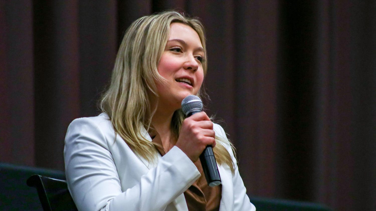 FILE — Third-year accounting student Hannah Augsbach Lamma answers a question at the Student Government debate on Feb. 15, 2023. Lamma is the current treasurer for USC's Student Government.