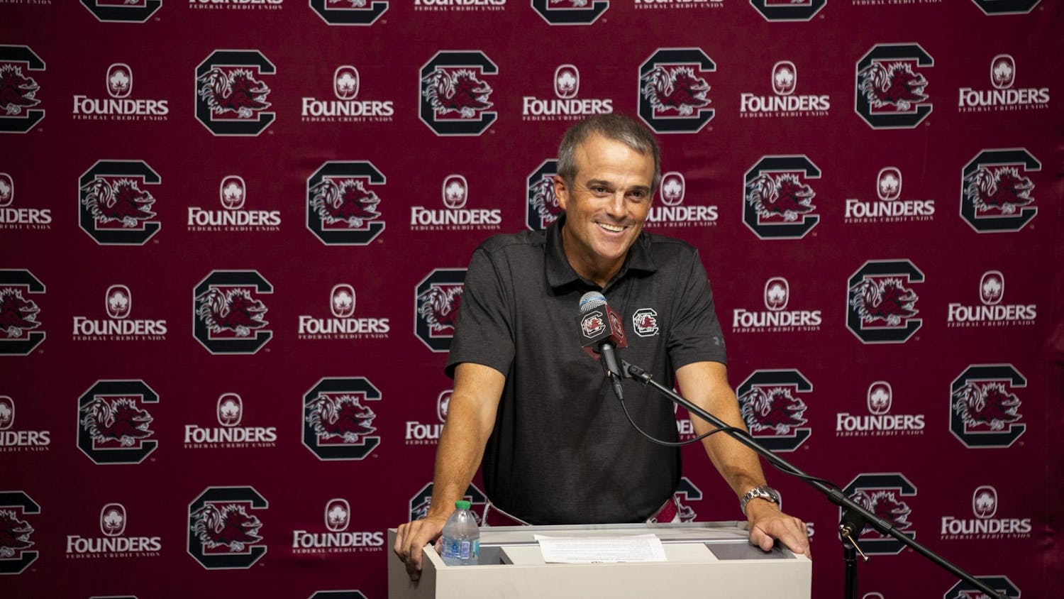 Head football coach Shane Beamer stands speaks to reporters during a press conference on Sept. 3, 2024. South Carolina will face its first SEC opponent of the 2024 season on Saturday.
