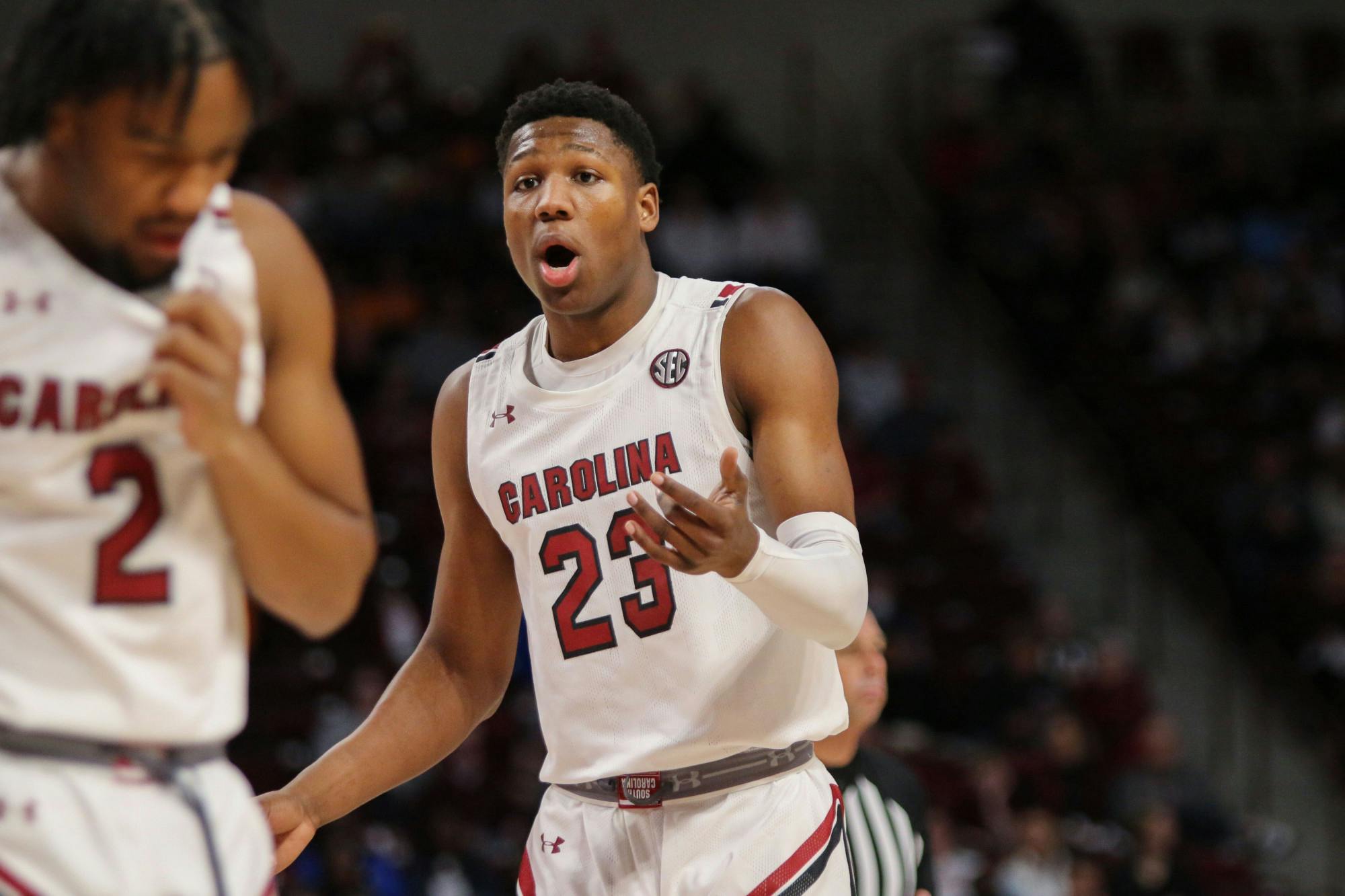 Freshman forward GG Jackson let’s out his frustration after a call by the referee on Jan. 7, 2023. The Gamecocks lost to the Volunteers 85-42.