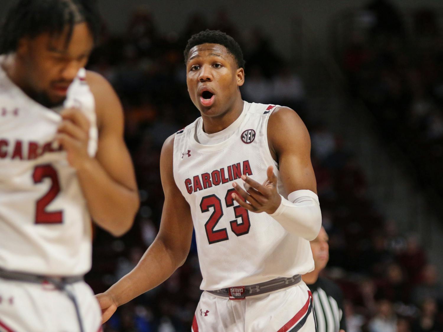 Freshman forward GG Jackson let’s out his frustration after a call by the referee on Jan. 7, 2023. The Gamecocks lost to the Volunteers 85-42.
