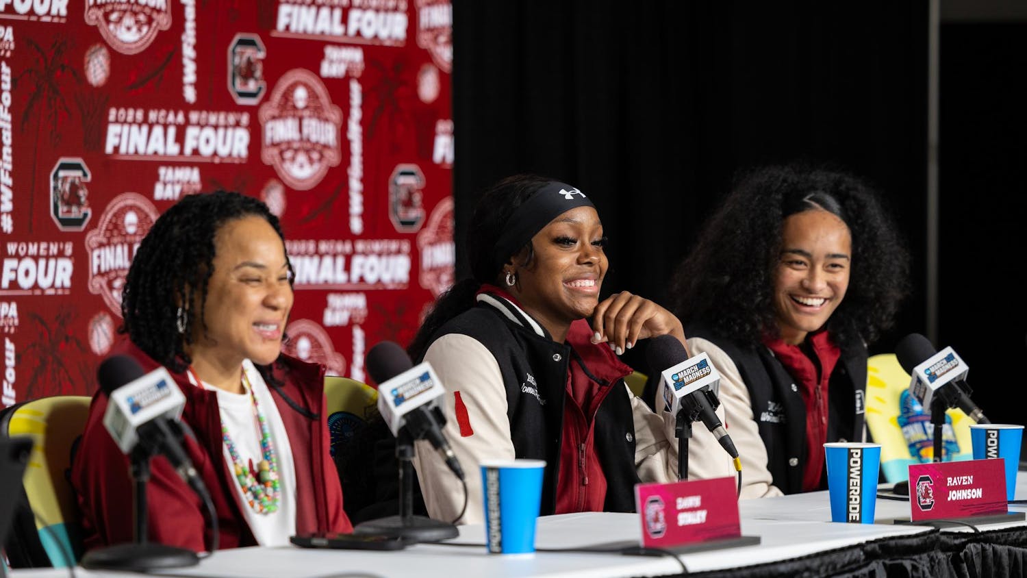 From left to right, head coach Dawn Staley, junior guard Raven Johnson and senior guard Te-Hina Paopao answer questions from reporters at Amalie Arena on April 3, 2025. The Gamecocks will face the Texas Longhorns in game one of the Final Four in Tampa, Florida.
