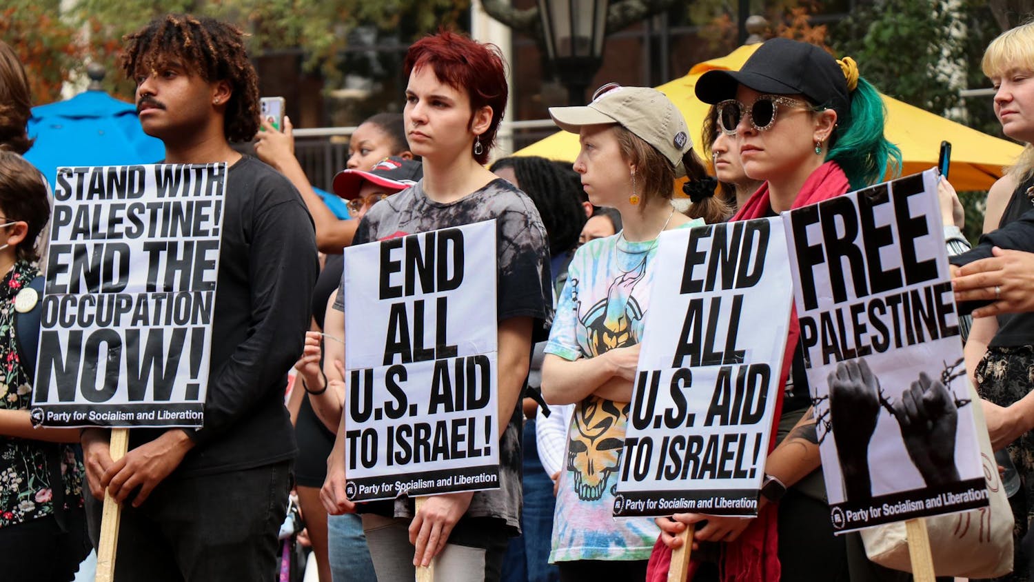 Members of Students for Socialism, the Arab Student Association, Dawah on Campus, Students for Justice in Palestine and Jewish Voice for Peace, held a walkout in support of Palestine on the Russell House Patio on Nov. 9, 2023. Around 50 to 60 students, faculty and staff attended the event to raise awareness for the Palestinians in the Gaza Strip.