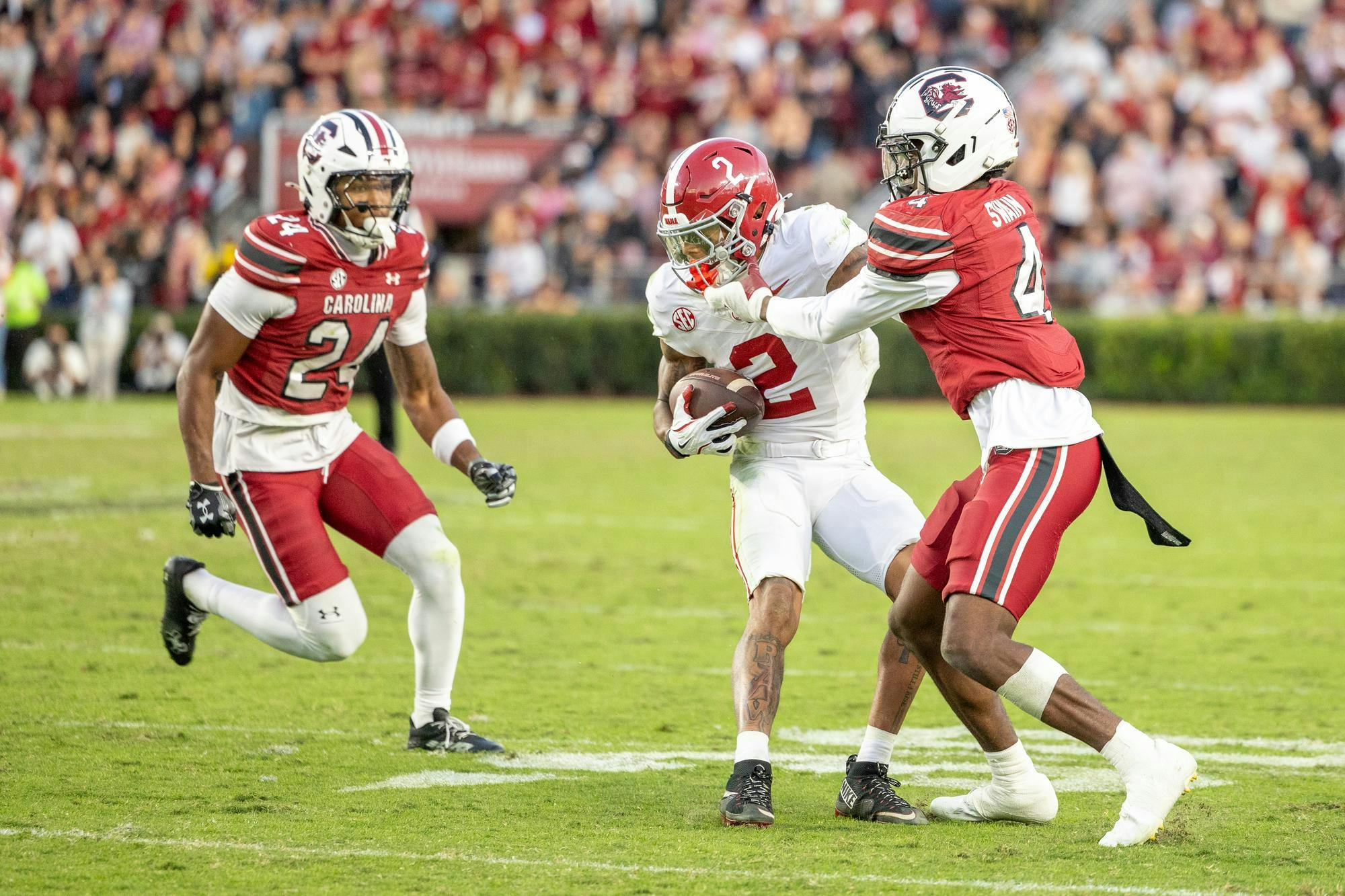 Redshirt sophomore defensive back Vicari Swain (right) attempts to tackle an Alabama offensive player in a game on Oct. 25, 2025, at Williams-Brice Stadium. Swain had two solo tackles and one sack against the Crimson Tide.