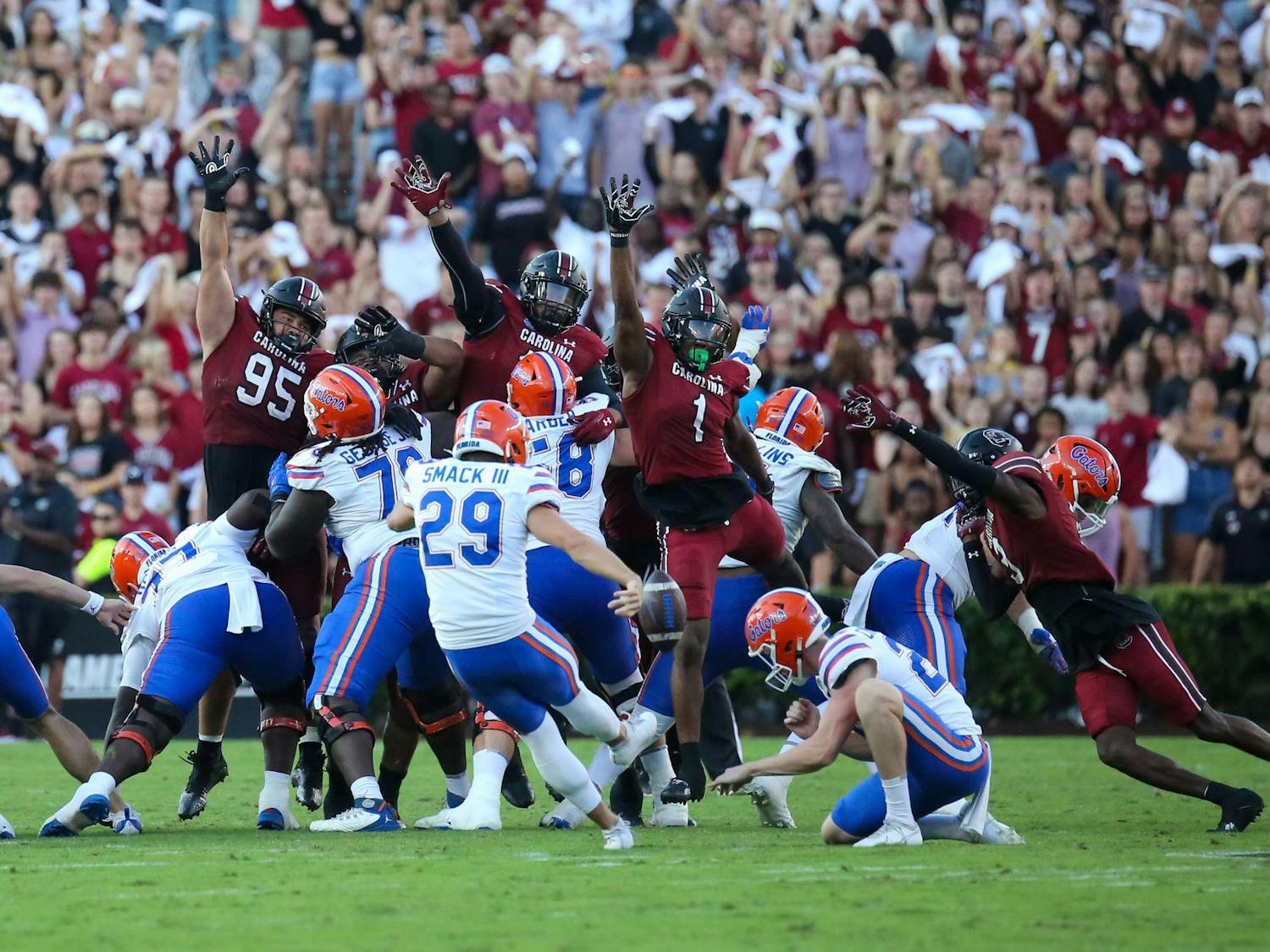 Several Gamecock defenders attempt to block a Florida extra point during the game on Oct. 14, 2023, at Williams-Brice Stadium. South Carolina lost the game 41-39 despite blocking a field goal at the beginning of the fourth quarter.
