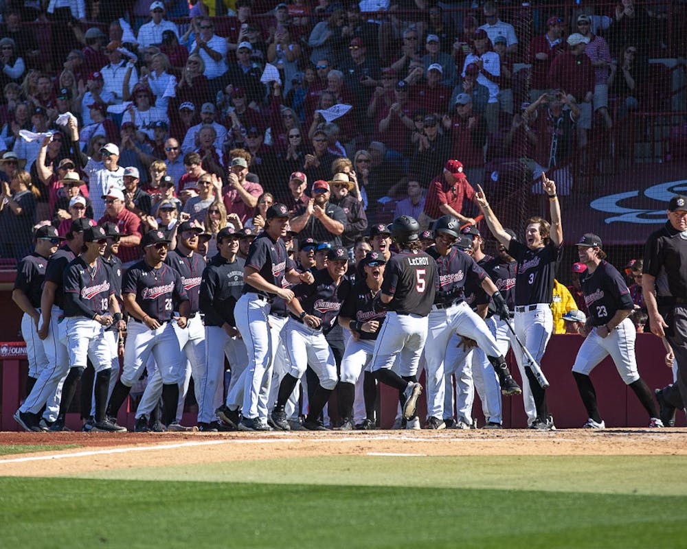 <p>The South Carolina baseball team celebrates after junior first baseman Gavin Casas hits a home run in the fourth inning against Clemson at Founders Park on March 5, 2023. The Gamecocks beat the Tigers 7-1, defeating it 2-1 in the series.&nbsp;</p>