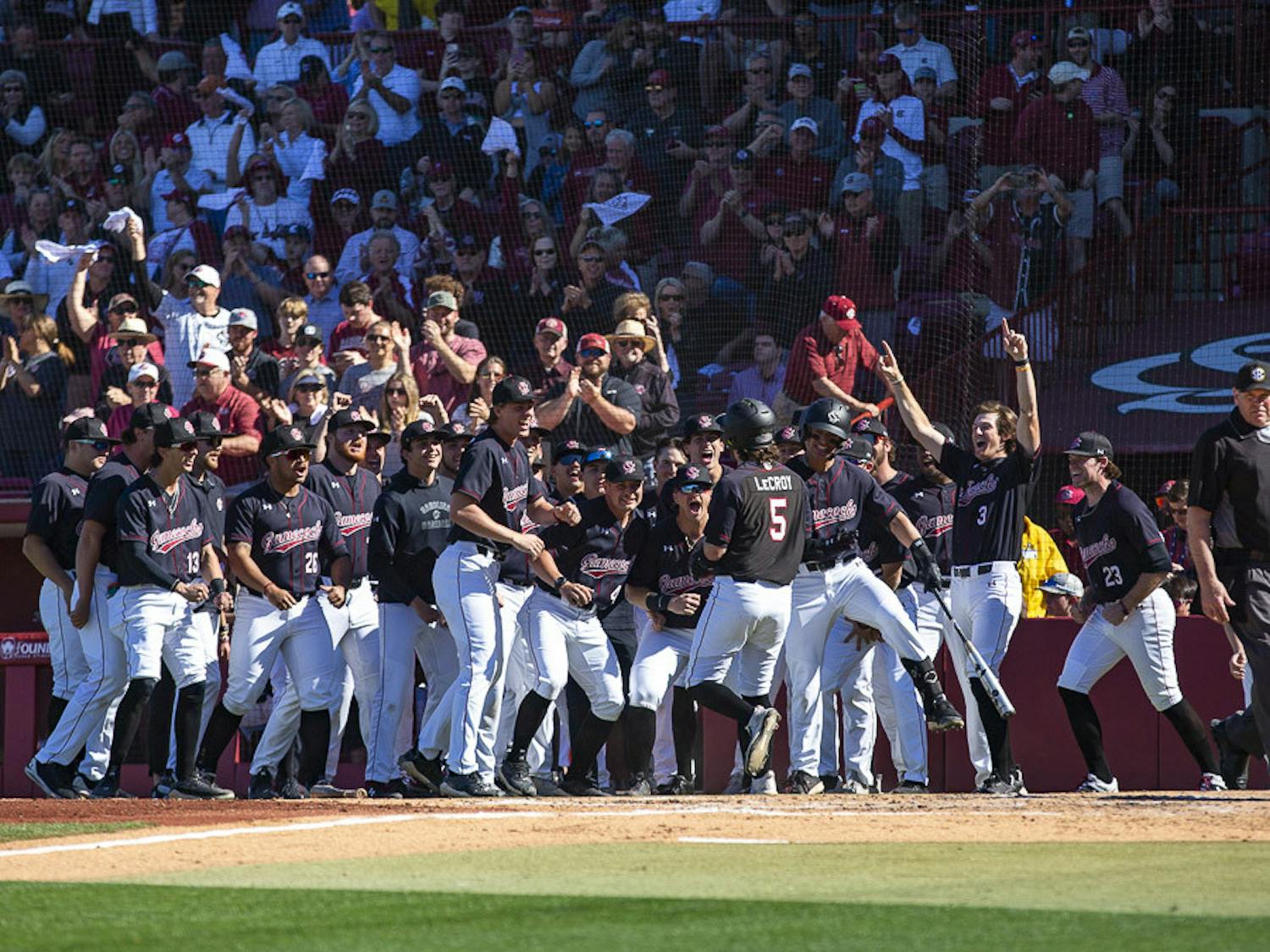The South Carolina baseball team celebrates after junior first baseman Gavin Casas hits a home run in the fourth inning against Clemson at Founders Park on March 5, 2023. The Gamecocks beat the Tigers 7-1, defeating it 2-1 in the series.&nbsp;