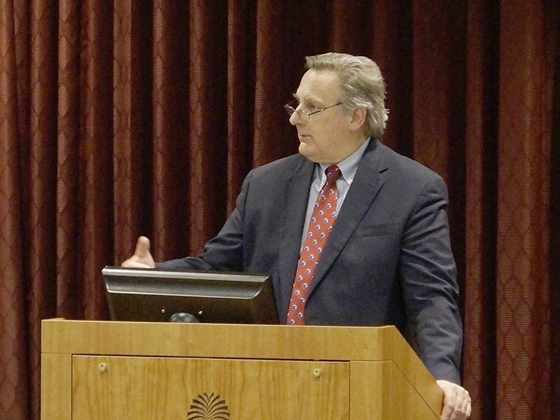  Vice President for Student Affairs Dennis Pruitt speaks about masculinity in a lecture Tuesday evening.