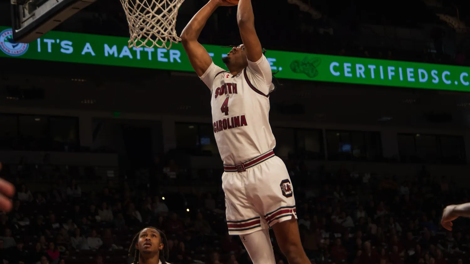 Redshirt senior guard Kobe Knox goes in for a dunk in a game against Mizzou on Feb. 7, 2026, at Colonial Life Arena. Knox finished the game as the second-leading scorer for the Gamecocks.