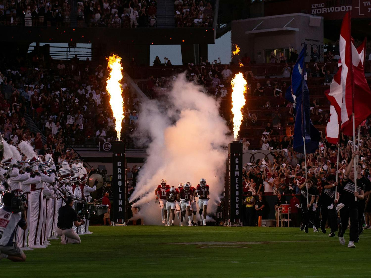 The South Carolina football team runs out of the tunnel prior to their game against Akron on Sept. 21, 2024 at Williams-Brice Stadium. The Gamecocks defeated the Zips 50-7.
