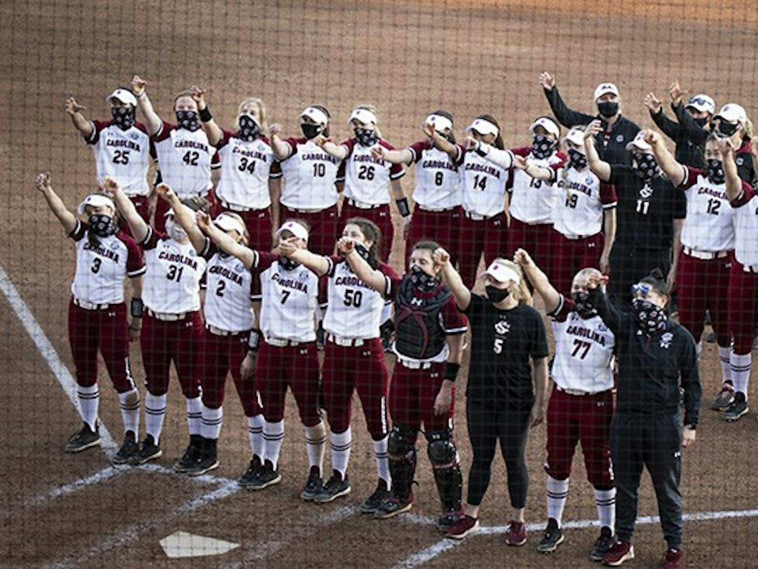 &nbsp;The Lady Gamecocks celebrate the mercy rule win against Coastal Carolina University. Final score of the second game in the doubleheader was 10-0 for the Lady Gamecocks.&nbsp;