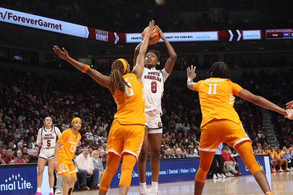 <p>Senior guard Raven Johnson shoots with no defender against ranked Tennessee at Colonial Life Arena on Feb. 8, 2026. Johnson scored 13 points, helping the Gamecocks hand the Volunteers their biggest SEC loss in school history.</p>