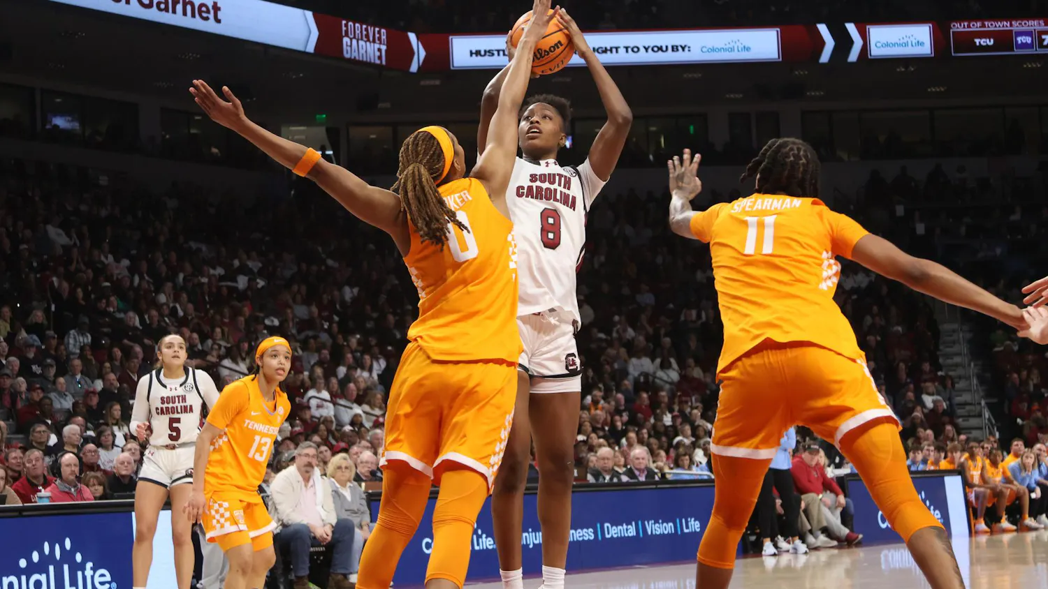 Senior guard Raven Johnson shoots with no defender against ranked Tennessee at Colonial Life Arena on Feb. 8, 2026. Johnson scored 13 points, helping the Gamecocks hand the Volunteers their biggest SEC loss in school history.