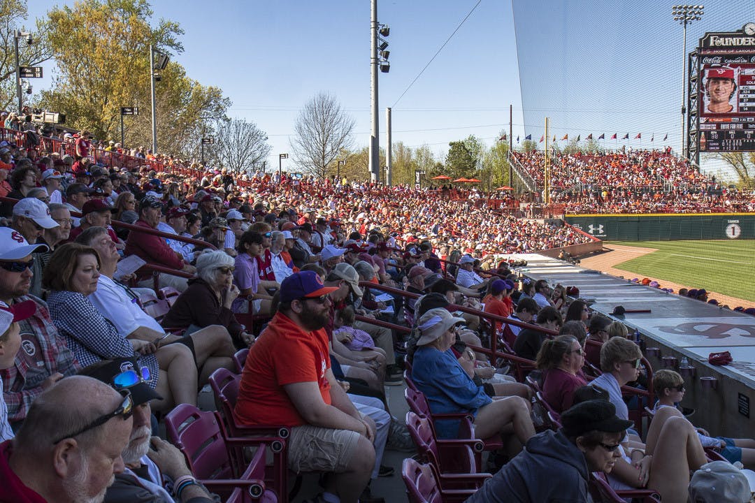 South Carolina and Clemson fans pack Founders park during the third game of the rival series on March 5, 2023. The Gamecocks beat the Tigers 7-1, winning 2-1 in the series.&nbsp;