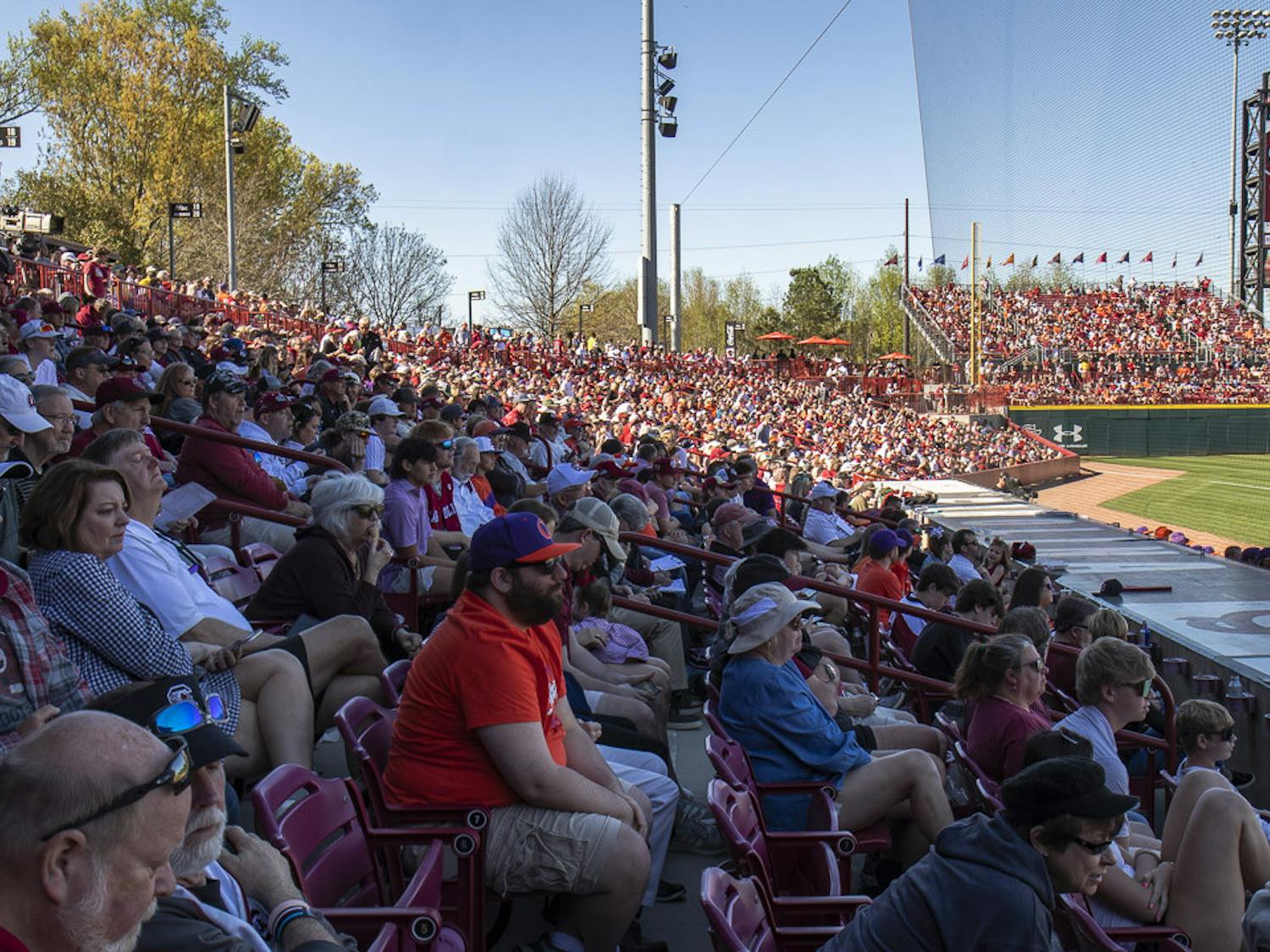 South Carolina and Clemson fans pack Founders park during the third game of the rival series on March 5, 2023. The Gamecocks beat the Tigers 7-1, winning 2-1 in the series.&nbsp;