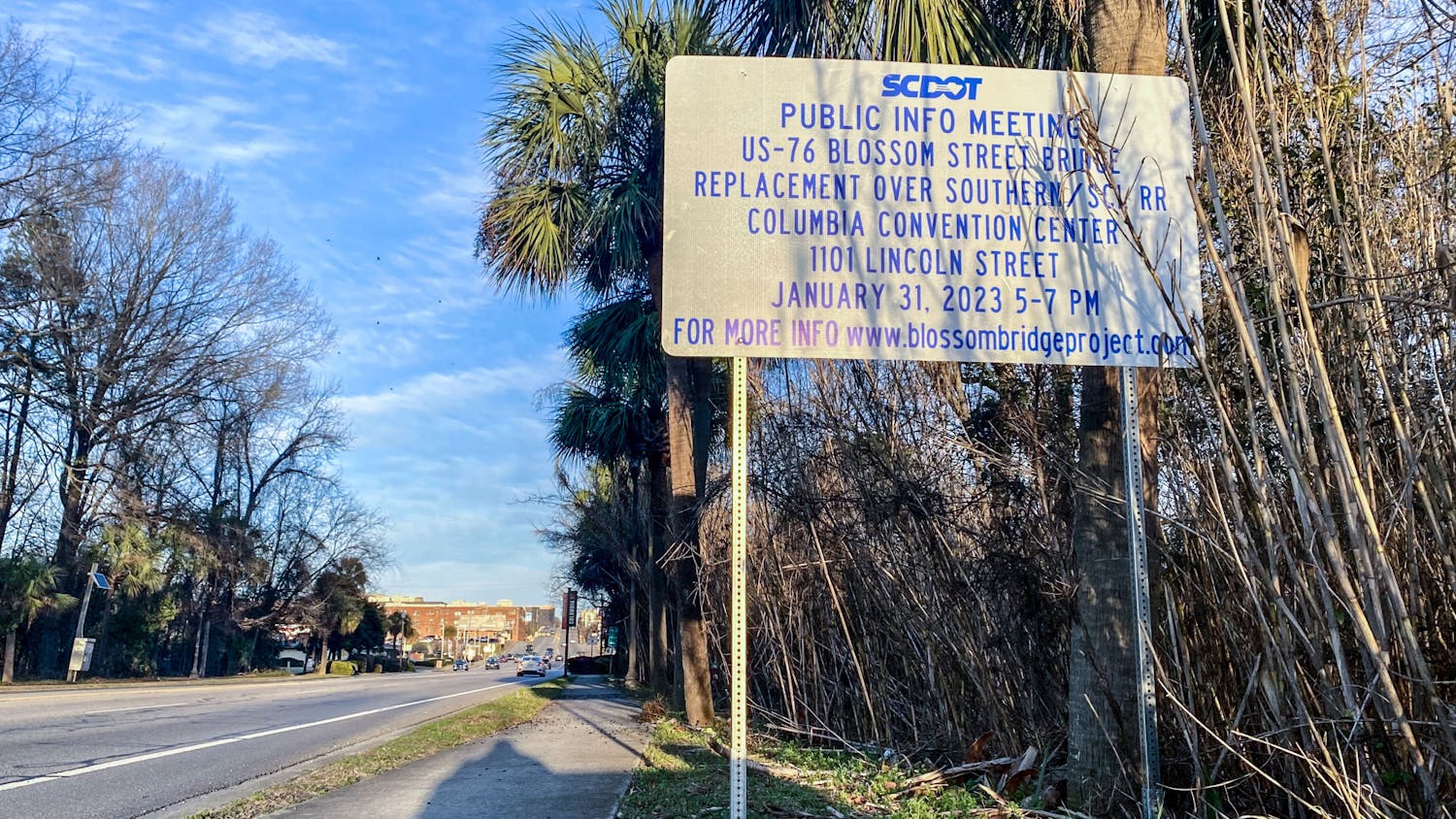 A South Carolina Department of Transportation sign is posted on Blossom Street in Columbia, S.C. on Feb. 5, 2023. The sign announced a public information meeting for the new Blossom Street Bridge Project. &nbsp;