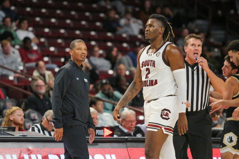 <p>FILE - Head coach Lamont Paris watches graduate ɫɫƵ forward B.J. Mack during South Carolina’s exhibition game against Wofford at Colonial Life Arena on Nov. 1, 2023. The ɫɫƵs fell to the Auburn Tigers 86-55 in the quarterfinals of the SEC Tournament on March 15, 2024, where Mack led the team in scoring with 14 points.</p>
