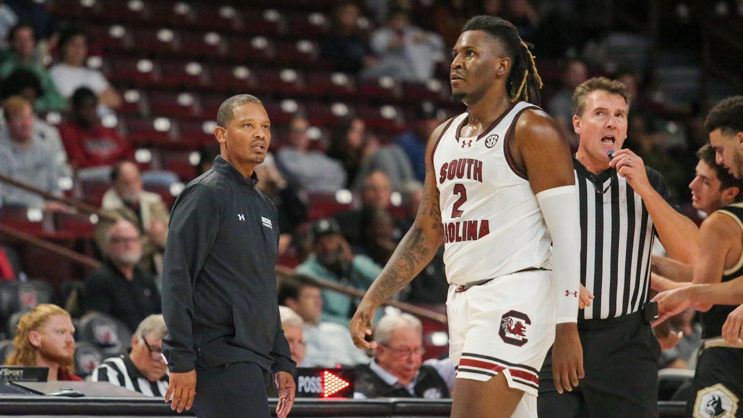 FILE - Head coach Lamont Paris watches graduate student forward B.J. Mack during South Carolina’s exhibition game against Wofford at Colonial Life Arena on Nov. 1, 2023. The Gamecocks fell to the Auburn Tigers 86-55 in the quarterfinals of the SEC Tournament on March 15, 2024, where Mack led the team in scoring with 14 points.
