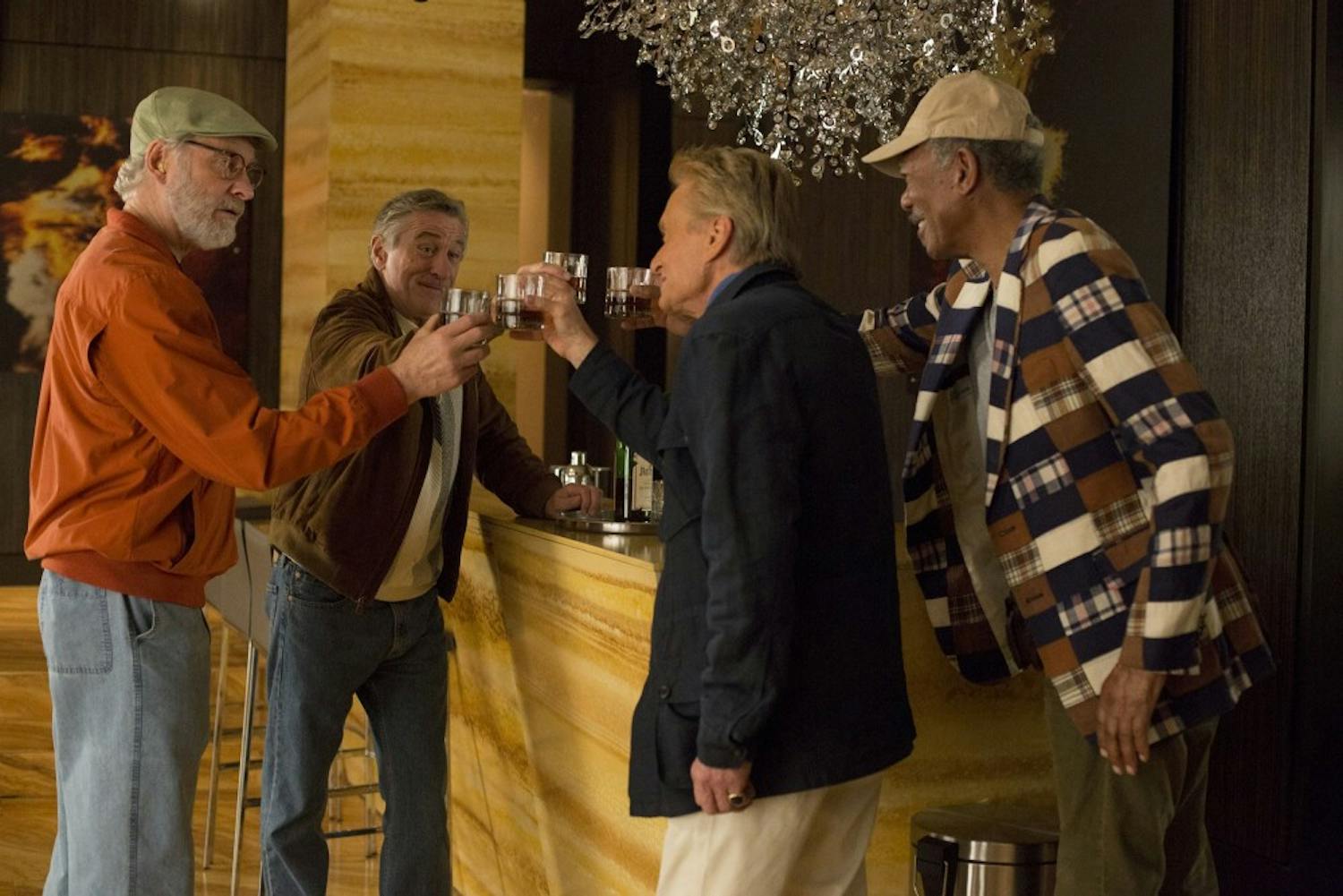 From left, Kevin Kline (as Sam Harris), Robert De Niro (as Paddy Connors), Michael Douglas (as Billy Gherson), and Morgan Freeman (as Archie Clayton) star in CBS Films' comedy "Last Vegas." (Chuck Zlotnick/CBS Films/MCT)