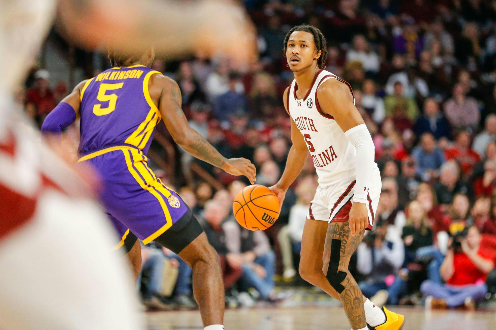 FILE — Junior guard Meechie Johnson looks across the court during South Carolina’s game against LSU at Colonial Life Arena on Feb. 17, 2024. Johnson announced through Instagram on Monday that he would be entering the transfer portal.
