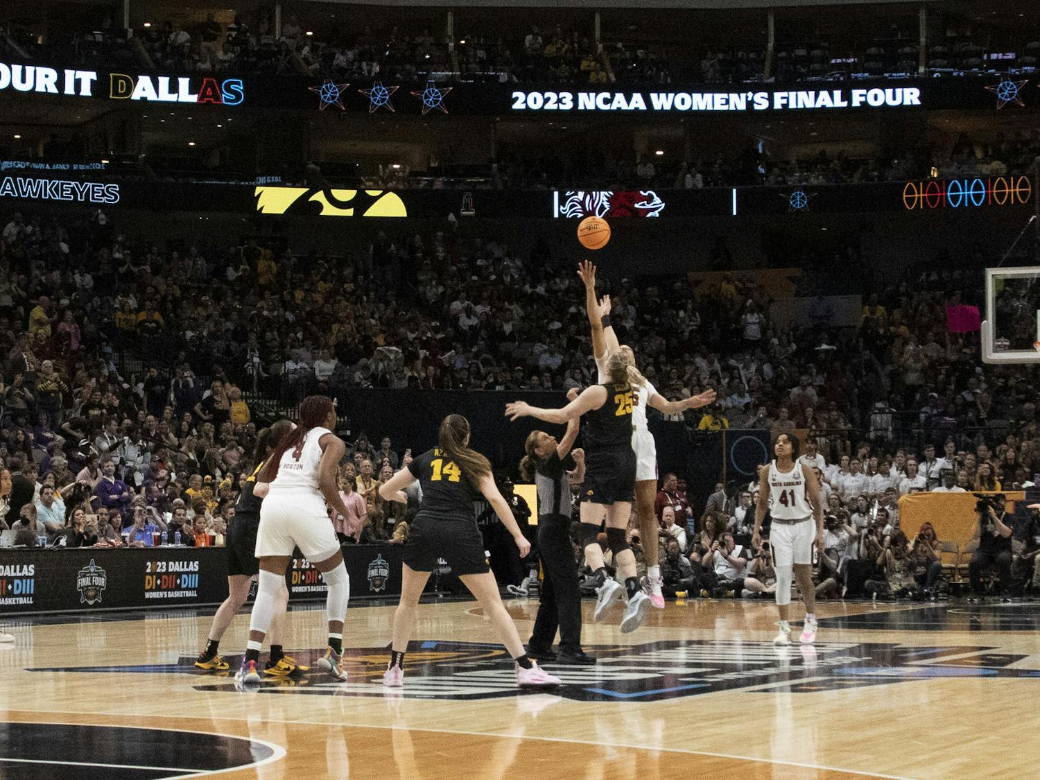 Senior forward Victaria Saxton wins the tip-off against the University of Iowa at the start of the Women’s Final Four match on March 31, 2023. The Gamecocks were defeated by the Hawkeyes 77-73.&nbsp;