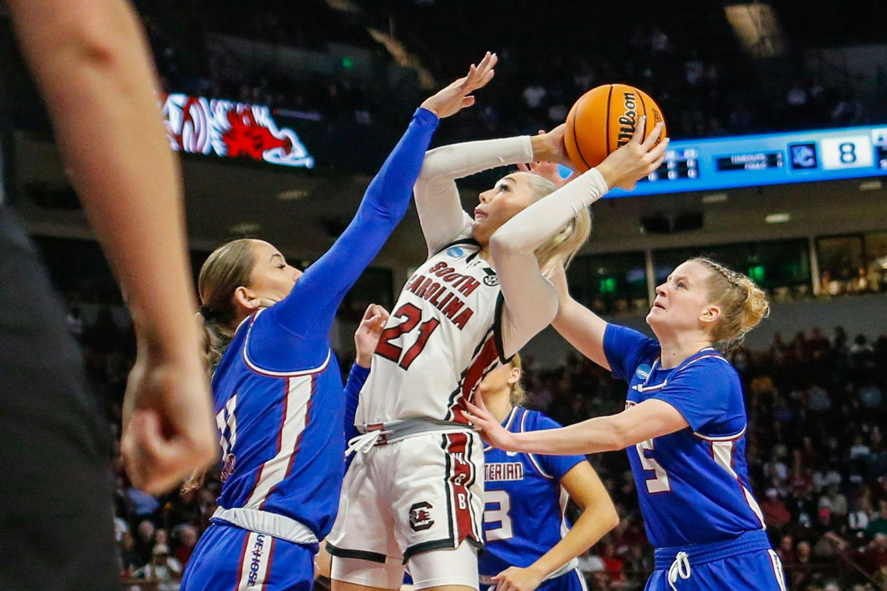 Sophomore forward Chloe Kitts goes up for a shot during South Carolina’s game against Presbyterian in round one of the 2024 NCAA Women’s Tournament on March 22, 2024. Kitts led the team in scoring with 21 points in the Gamecocks’ 91-39 victory over the Blue Hose.