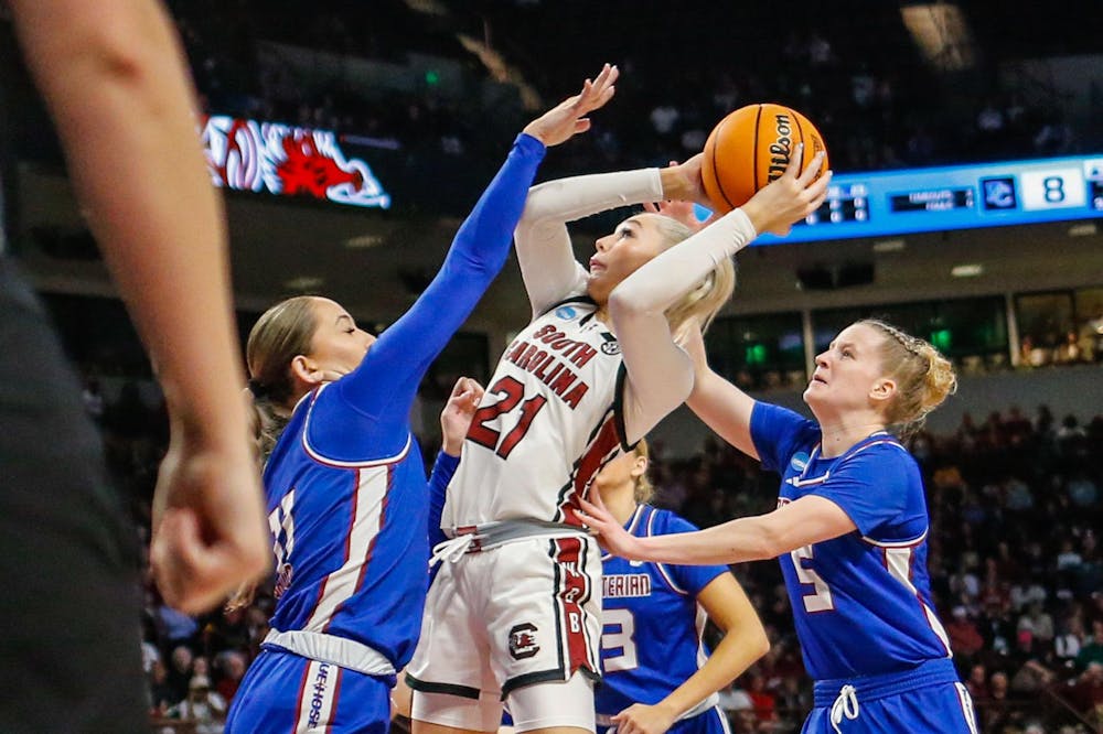 <p>Sophomore forward Chloe Kitts goes up for a shot during South Carolina’s game against Presbyterian in round one of the 2024 NCAA Women’s Tournament on March 22, 2024. Kitts led the team in scoring with 21 points in the Gamecocks’ 91-39 victory over the Blue Hose.</p>