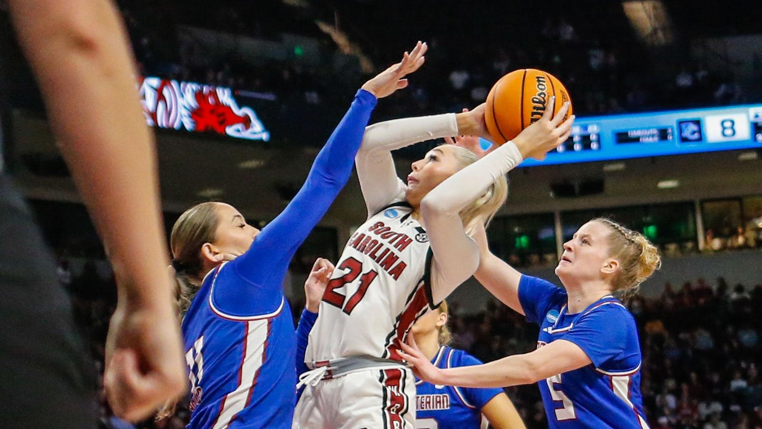 Sophomore forward Chloe Kitts goes up for a shot during South Carolina’s game against Presbyterian in round one of the 2024 NCAA Women’s Tournament on March 22, 2024. Kitts led the team in scoring with 21 points in the Gamecocks’ 91-39 victory over the Blue Hose.