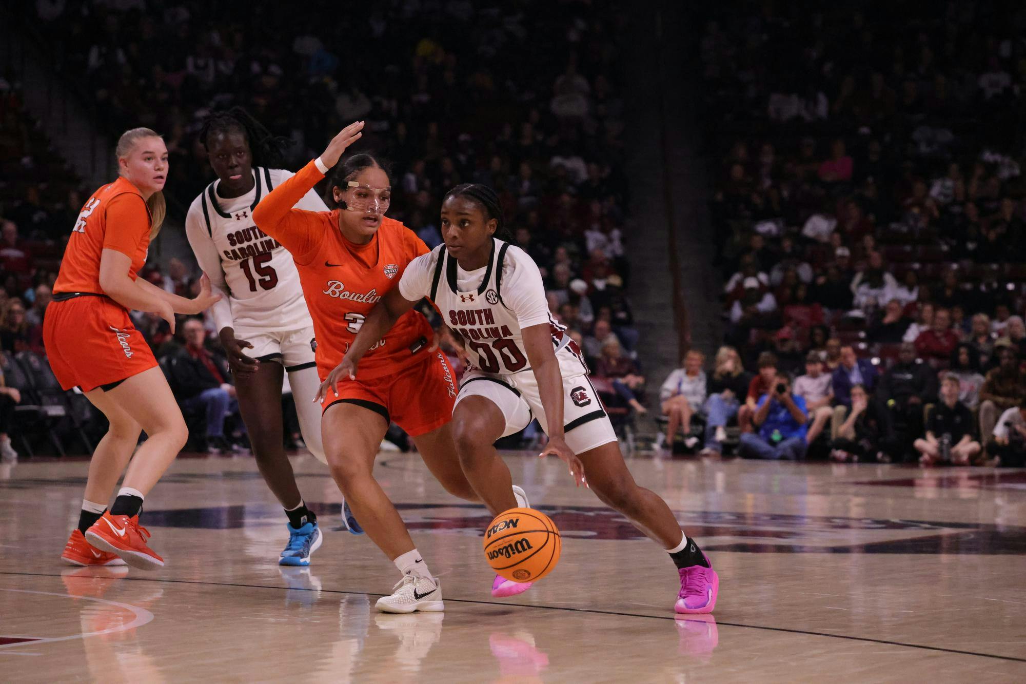 Senior guard Ta'Niya Latson drives past a Bowling Green defender during the first half on Nov. 7, 2025, at Colonial Life Arena in Columbia, South Carolina. Latson kept pressure on the defense throughout the game.