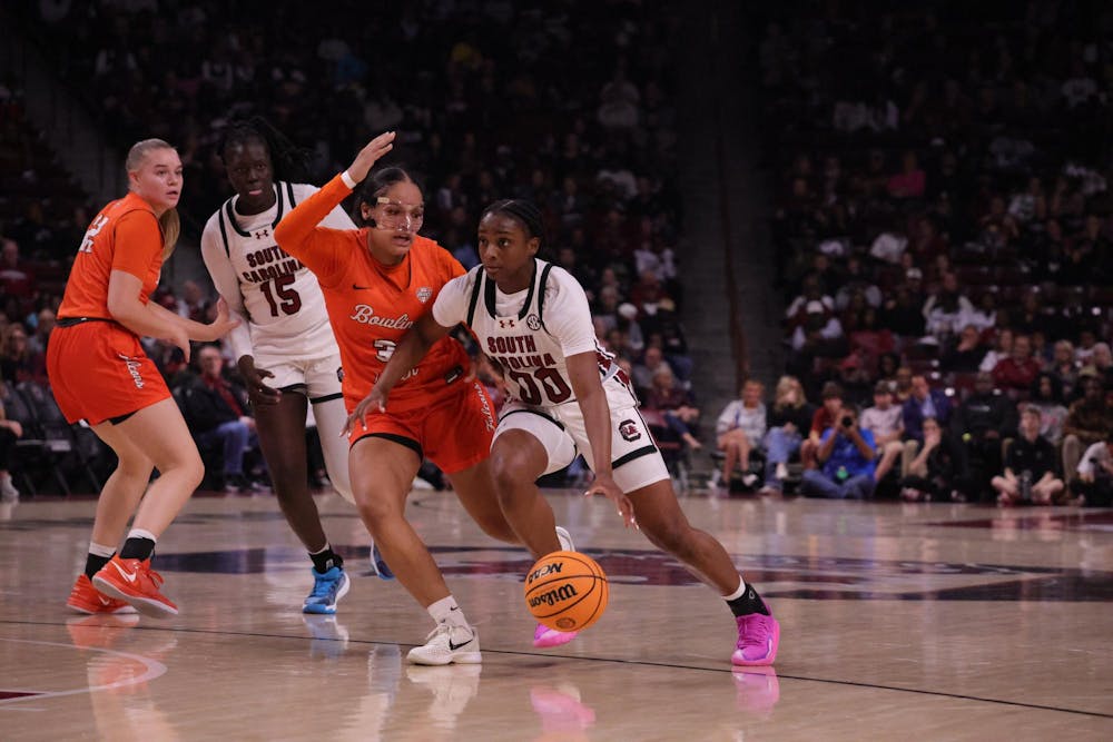 <p>Senior guard Ta'Niya Latson drives past a Bowling Green defender during the first half on Nov. 7, 2025, at Colonial Life Arena in Columbia, South Carolina. Latson kept pressure on the defense throughout the game.</p>