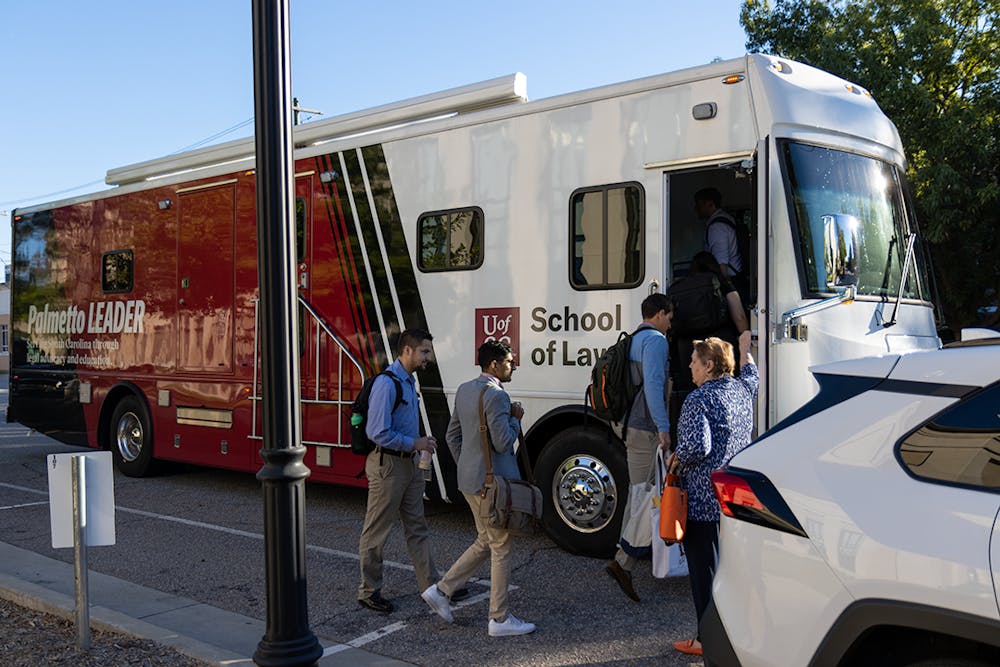 <p>The Palmetto LEADER bus accepts its first passengers destined for rural South Carolina to offer legal services. This technology-equipped bus has office spaces and Wi-Fi for USC Law Students.</p>