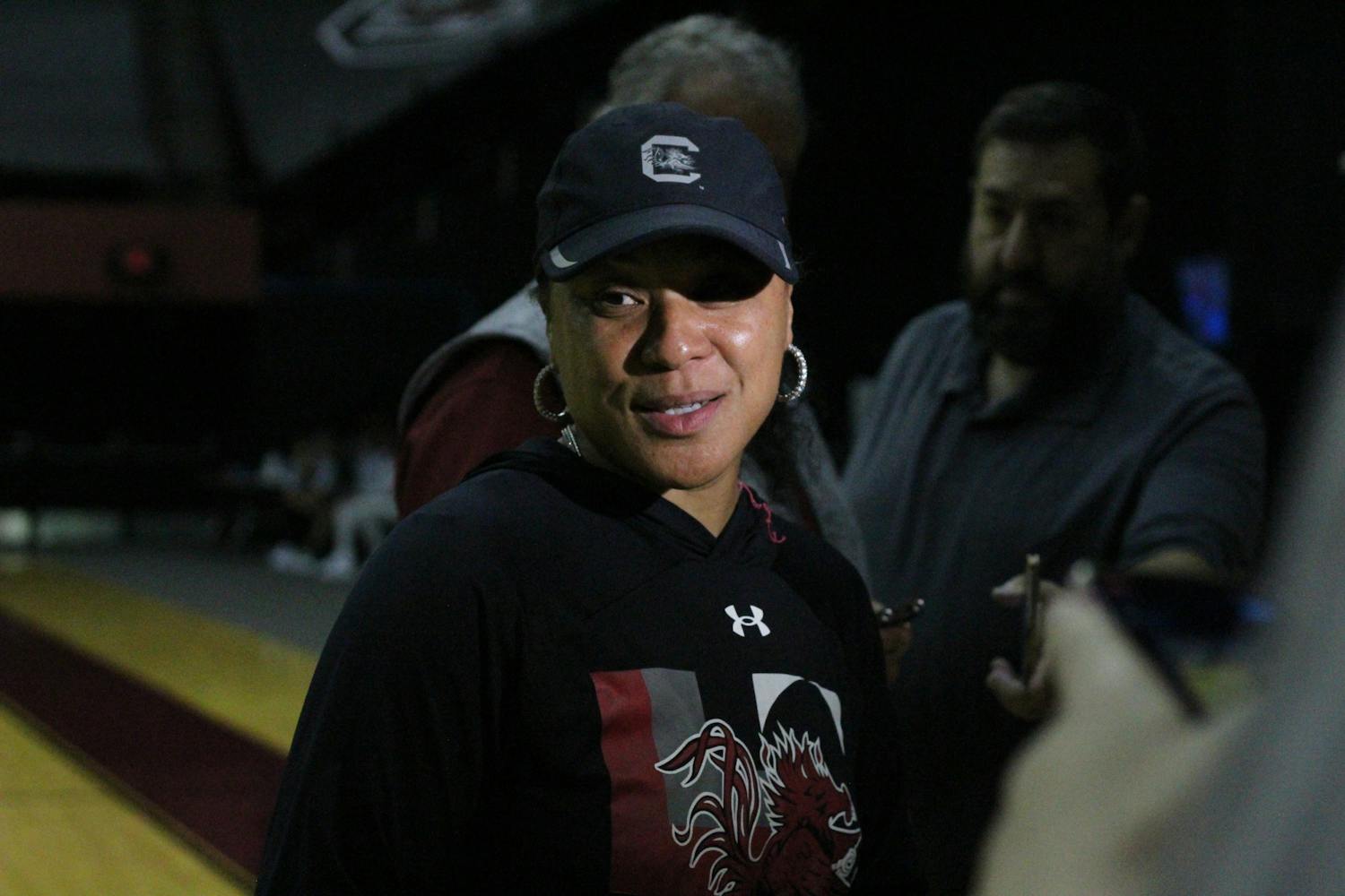 Dawn Staley, head coach of the South Carolina's women’s basketball team, talks with reporters after the first official practice of the 鶹С򽴫ý on Sept. 28, 2023. She said she is optimistic and confident in her team’s abilities to have a successful upcoming 鶹С򽴫ý.