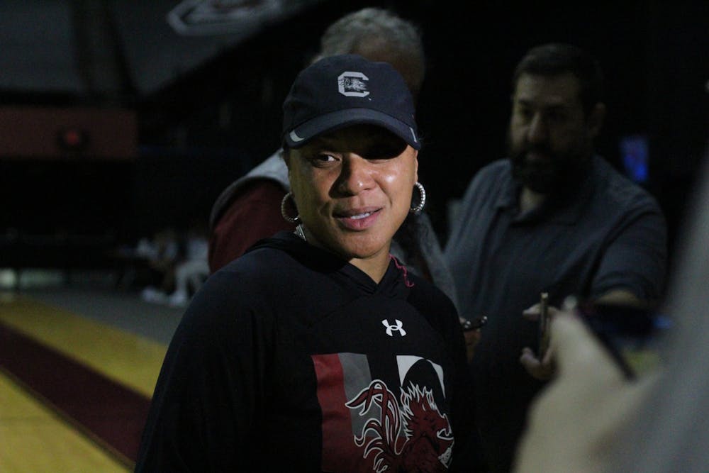 <p>Dawn Staley, head coach of the South Carolina's women’s basketball team, talks with reporters after the first official practice of the season on Sept. 28, 2023. She said she is optimistic and confident in her team’s abilities to have a successful upcoming season.</p>