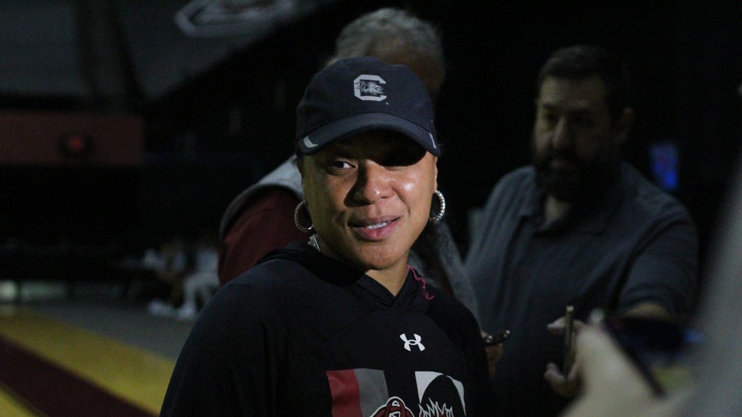 Dawn Staley, head coach of the South Carolina's women’s basketball team, talks with reporters after the first official practice of the season on Sept. 28, 2023. She said she is optimistic and confident in her team’s abilities to have a successful upcoming season.