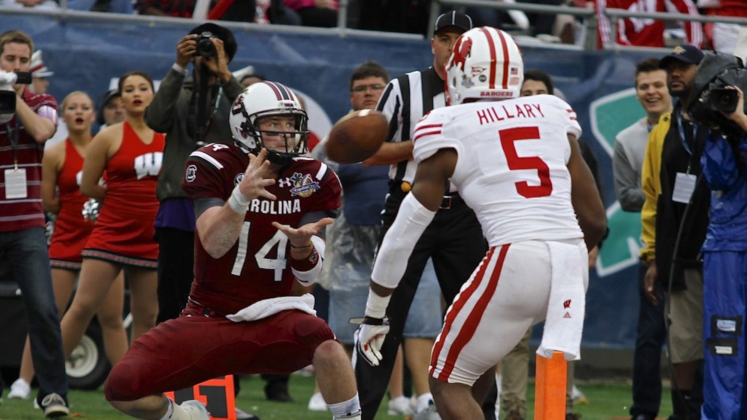 	Senior quarterback Connor Shaw hauls in the first reception of his career in the second quarter of the Gamecocks&#8217; 34-24 win over Wisconsin in the 2014 Capital One Bowl.